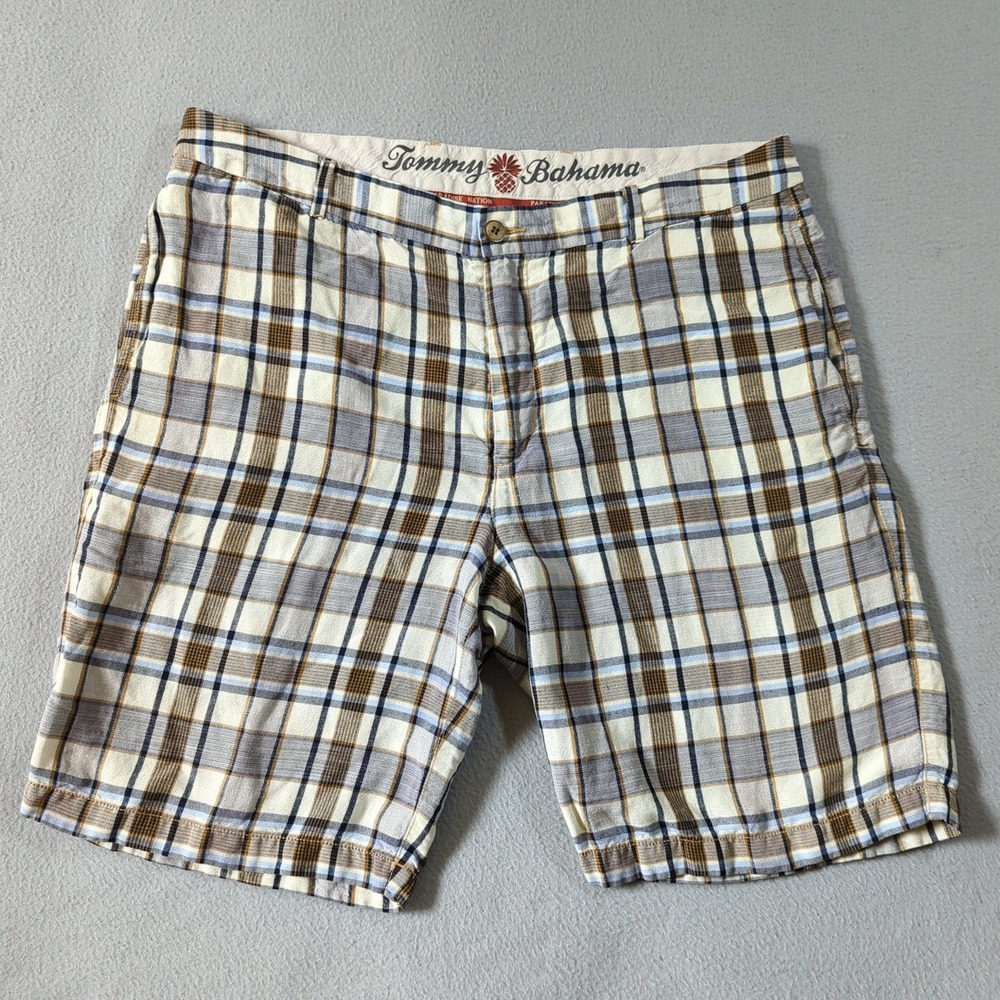 Tommy Bahama Plaidโ Shorts Mens 38 Blue Tan Linen Tencel Blend Flat Front